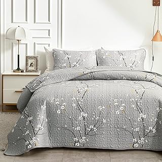 Uozzi Bedding 3 Piece Reversible Quilt Set Gray Branch Queen Size 88x88 Soft Microfiber Lightweight Coverlet Bedspread - Image 1