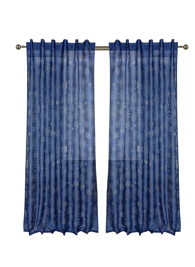 LINENWALAS LINENWALAS Floral Net Semi Transparent Door Curtains, Sheer Back Loops Hanging Style Curtains 9 Feet Long Set of 2, Net Fabric Curtains for Living Room, Bedroom, Kitchen (9 Feet, Blue Floral)  - Image 1