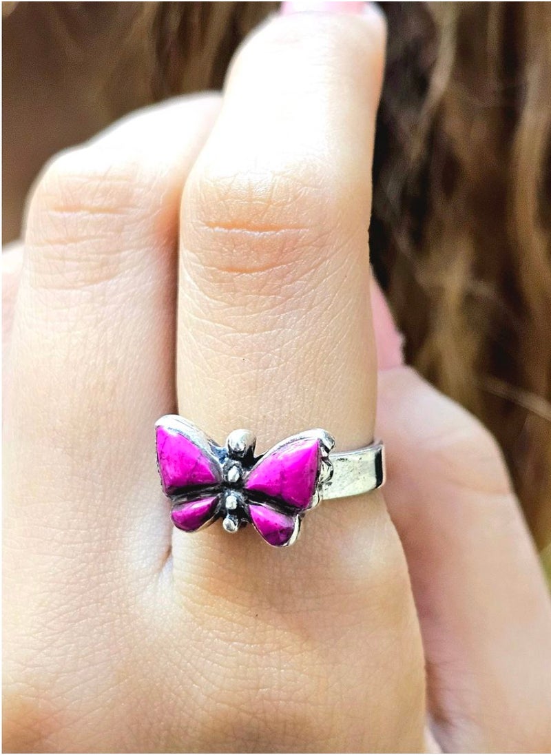 faddyat - Women's pink ring in the shape of a butterfly, made of 925 silver. Free size - Image 1