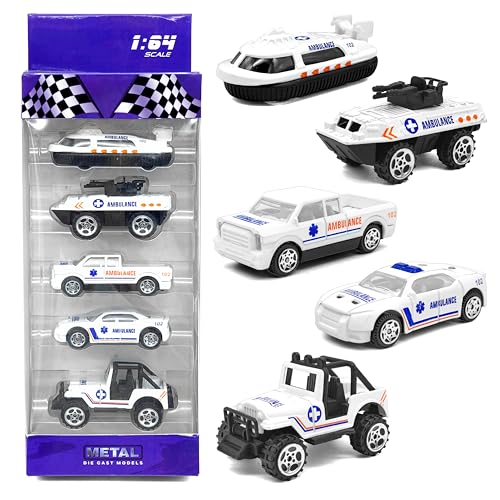VGRASSP 1:64 Scale Mini Die Cast Alloy Metal Ambulance Vehicle Toy Set for Kids - Free Wheels Pretend Play Emergency Rescue Toy Cars for Boys and Girls - Set of 5 - Image 1