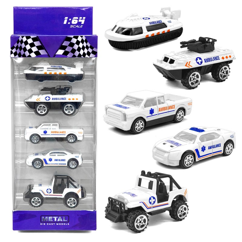 VGRASSP 1:64 Scale Mini Die Cast Alloy Metal Ambulance Vehicle Toy Set for Kids - Free Wheels Pretend Play Emergency Rescue Toy Cars for Boys and Girls - Set of 5 - Image 4