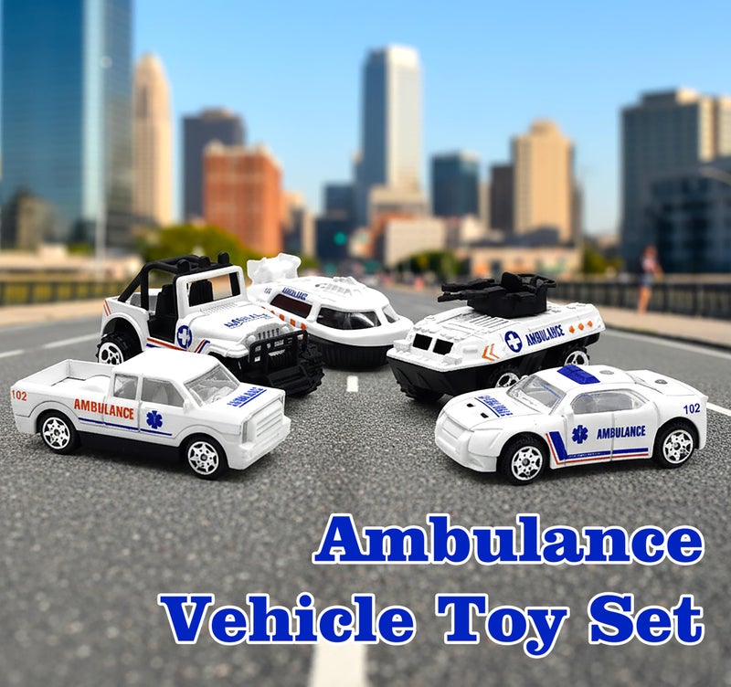 VGRASSP 1:64 Scale Mini Die Cast Alloy Metal Ambulance Vehicle Toy Set for Kids - Free Wheels Pretend Play Emergency Rescue Toy Cars for Boys and Girls - Set of 5 - Image 3