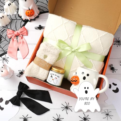 Mimorou Halloween Boo Basket Gifts for Adults Women Halloween Basket Stuffer with Ghost Mug Knitted Tassel Blanket Boo Scented Candle Gifts for Friends Women Family - Image 3