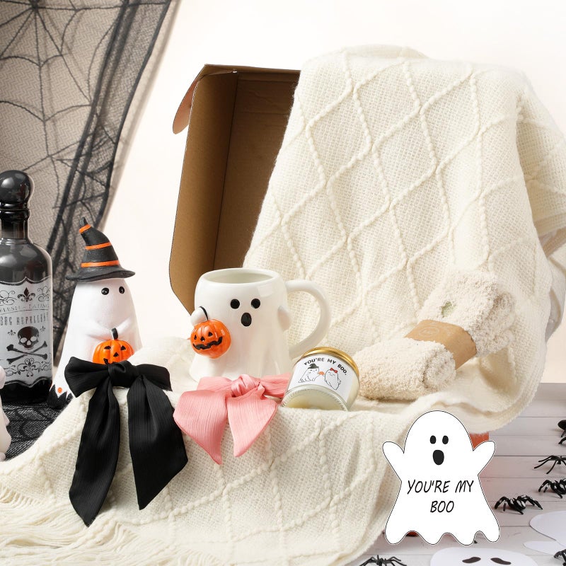 Mimorou Halloween Boo Basket Gifts for Adults Women Halloween Basket Stuffer with Ghost Mug Knitted Tassel Blanket Boo Scented Candle Gifts for Friends Women Family - Image 2
