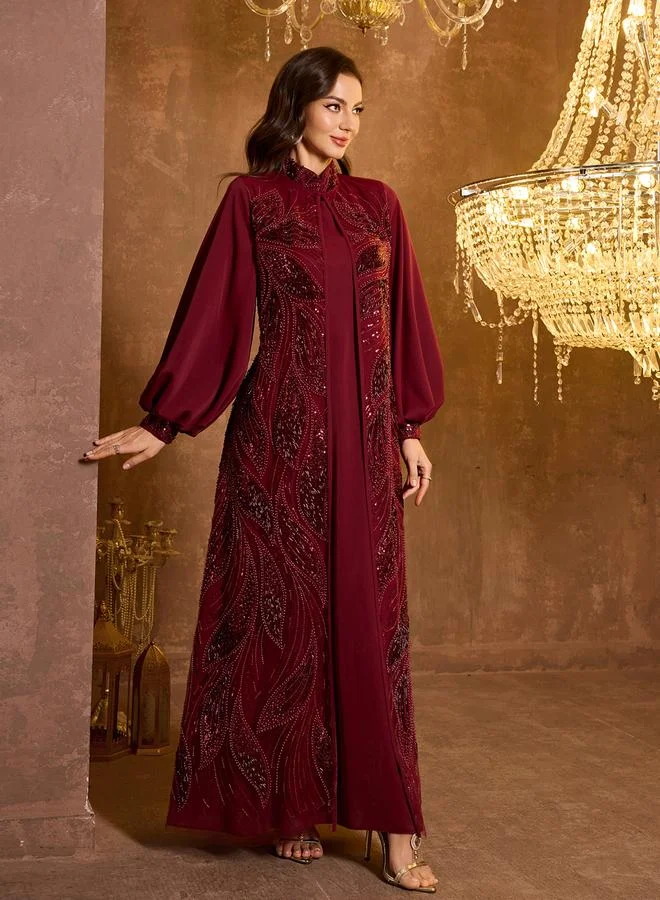 Supgir Burgundy Embellished Kimono and Maxi Dress Co-ord Set