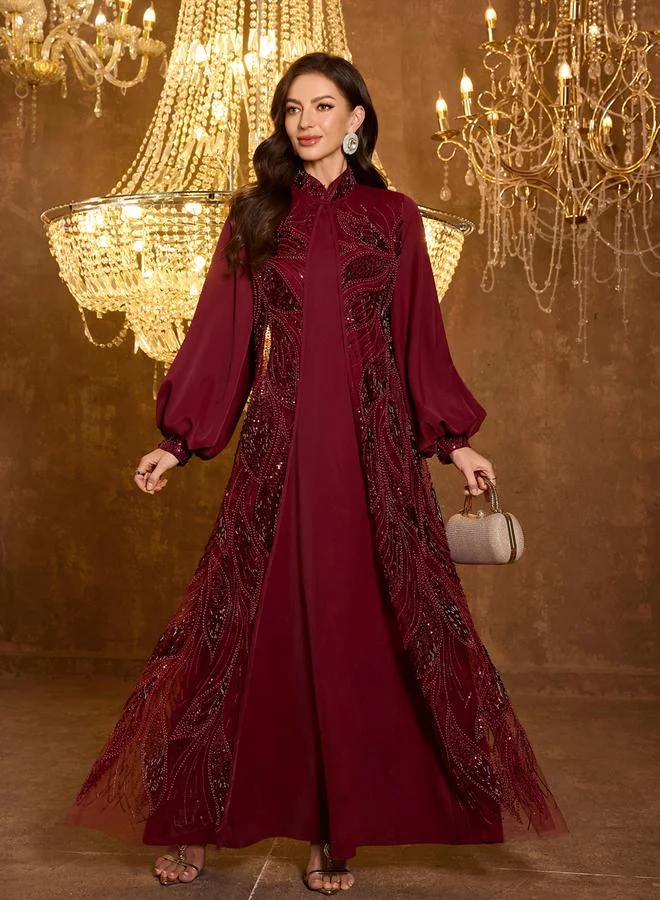 Supgir burgundy Burgundy Embellished Kimono and Maxi Dress Co-ord Set for Women | Best Price UAE
