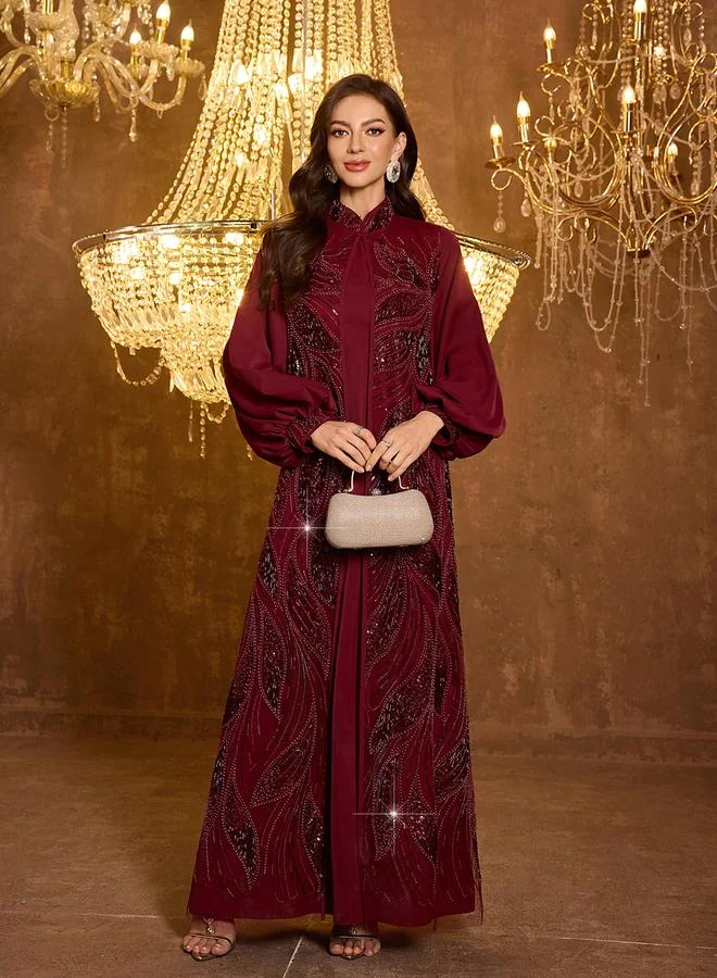 Supgir Burgundy Embellished Kimono and Maxi Dress Co-ord Set
