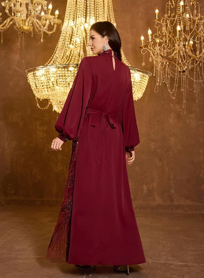 Supgir burgundy Burgundy Embellished Kimono and Maxi Dress Co-ord Set for Women | Best Price UAE