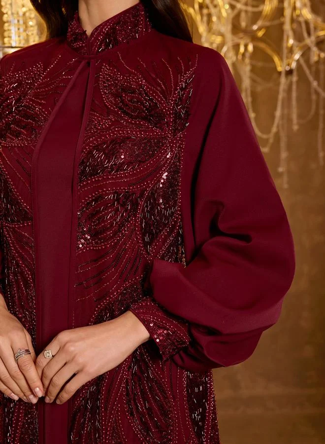 Supgir burgundy Burgundy Embellished Kimono and Maxi Dress Co-ord Set for Women | Best Price UAE