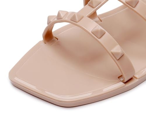 OMGard Womens Studded Sandals Jelly Shoes Ladies Flats Size 8, Beige Woman Summer Beach Jellies Slides with Plastic Rivets Dressy Cute Slippers Comfortable Slip On - Image 5
