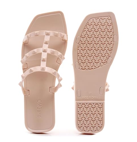 OMGard Womens Studded Sandals Jelly Shoes Ladies Flats Size 8, Beige Woman Summer Beach Jellies Slides with Plastic Rivets Dressy Cute Slippers Comfortable Slip On - Image 4