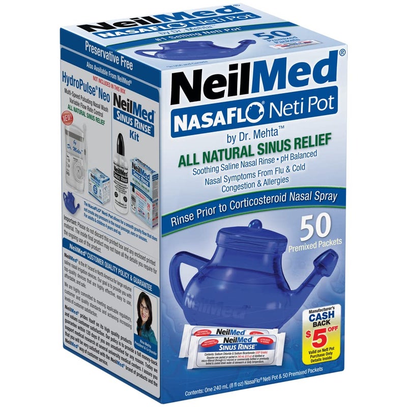 NeilMed NasaFlo Unbreakable Neti Pot with 50 Premixed Packets - Image 1