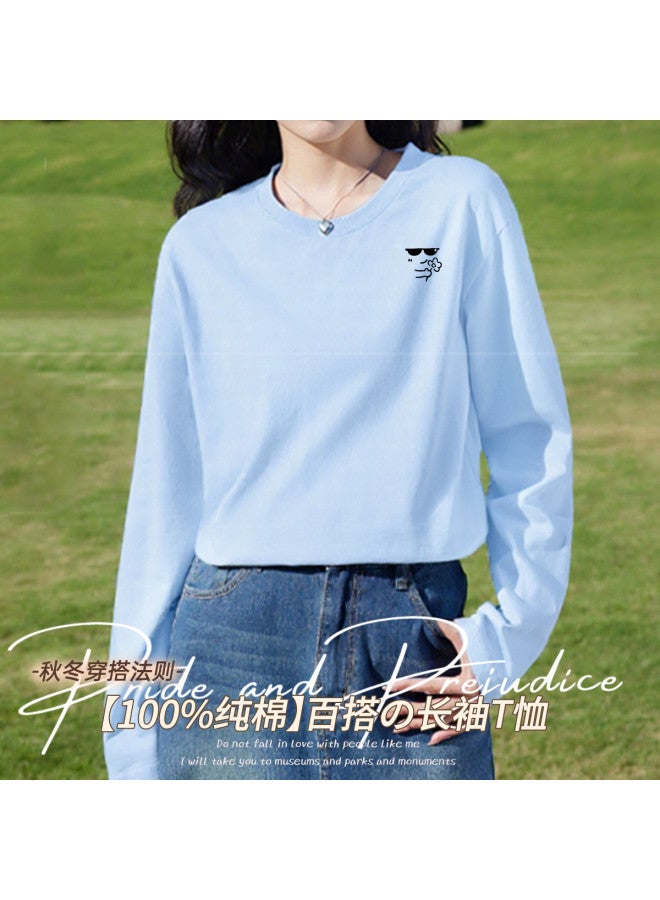 LANG SHA Women'S Long Sleeve Round Neck T-Shirt Versatile Solid Color Print Base Layer Top T-Shirt Women - Image 2