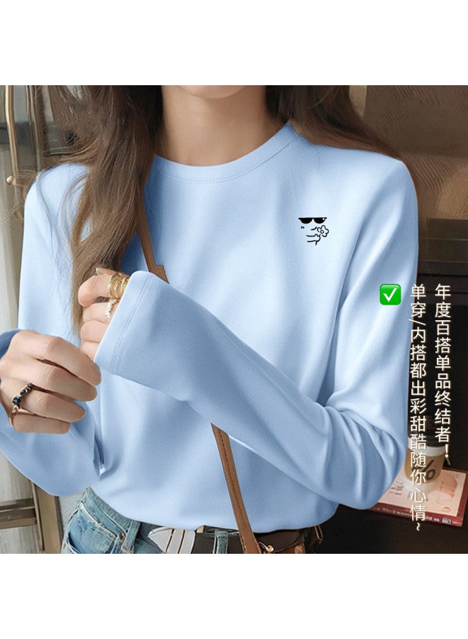LANG SHA Women'S Long Sleeve Round Neck T-Shirt Versatile Solid Color Print Base Layer Top T-Shirt Women - Image 4