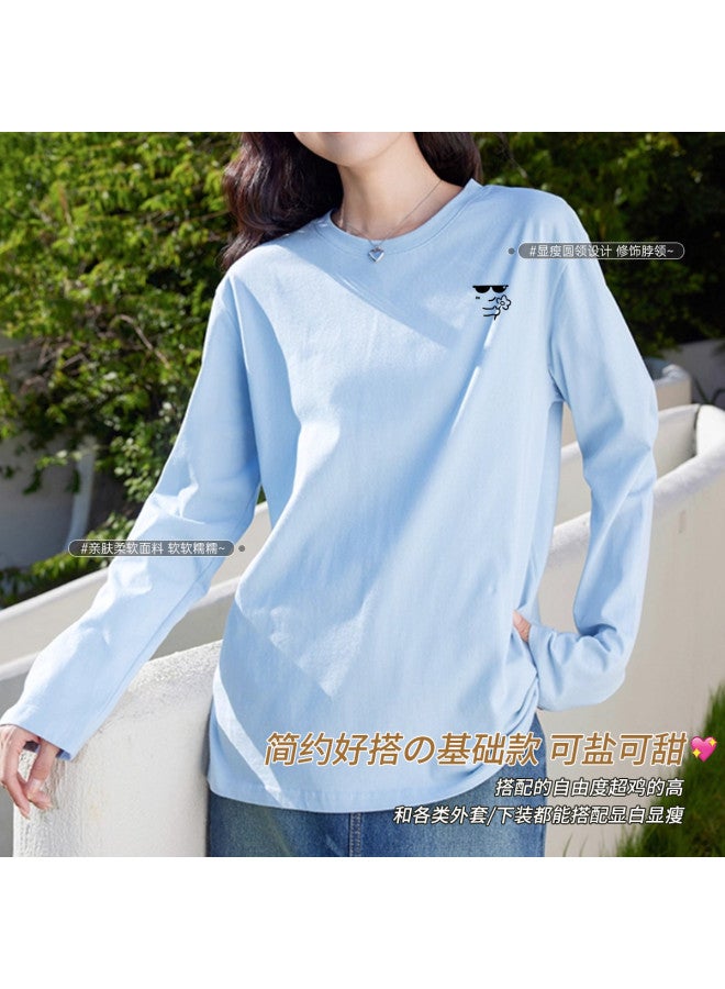 LANG SHA Women'S Long Sleeve Round Neck T-Shirt Versatile Solid Color Print Base Layer Top T-Shirt Women - Image 3