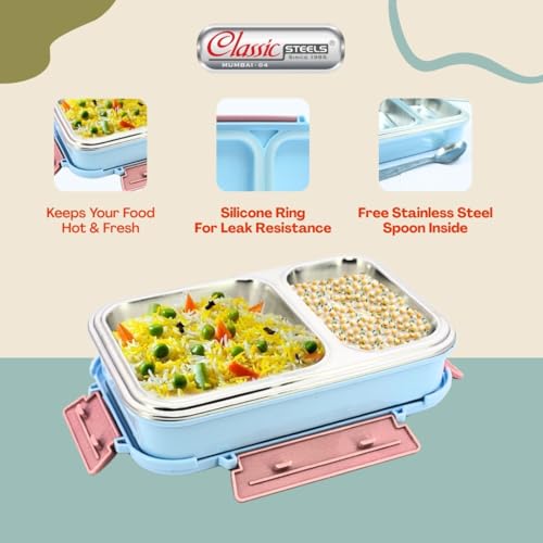Classic Steels Bento Duo Lunch Box for Kids (750ml) | 2 Compartments Stainless Steel Insulated Tiffin Box with Spoon | Leak-Proof Silicone Seal | School Lunch Box | Panda Design, Blue - Image 3