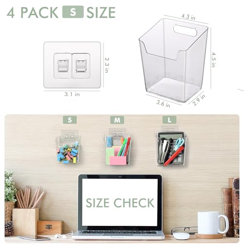 LIGHT DUST Clear Adhesive Wall Storage Bins 4 Pack Cabinet Door Organizer Holders Hanging Wall Mount Pockets Plastic Cups for Shower Bathroom Makeup Office Craft Remote Kitchen Sink RV Organization Small - Image 3