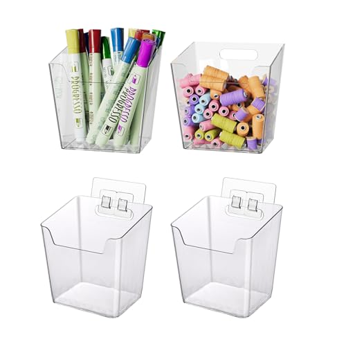 LIGHT DUST Clear Adhesive Wall Storage Bins 4 Pack Cabinet Door Organizer Holders Hanging Wall Mount Pockets Plastic Cups for Shower Bathroom Makeup Office Craft Remote Kitchen Sink RV Organization Small - Image 1