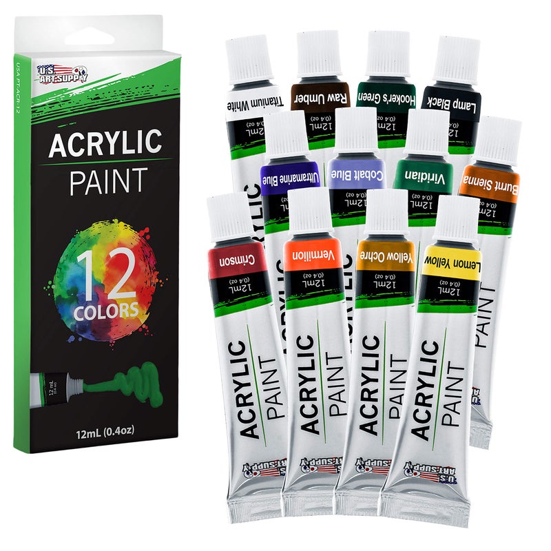 US Art Supply Professional 12 Color Set of Acrylic Paint in 12ml Tubes Rich Pigment Vivid Colors for Artists Students Beginners Kids Adults Canvas Portrait Paintings Wood Craft Hobby