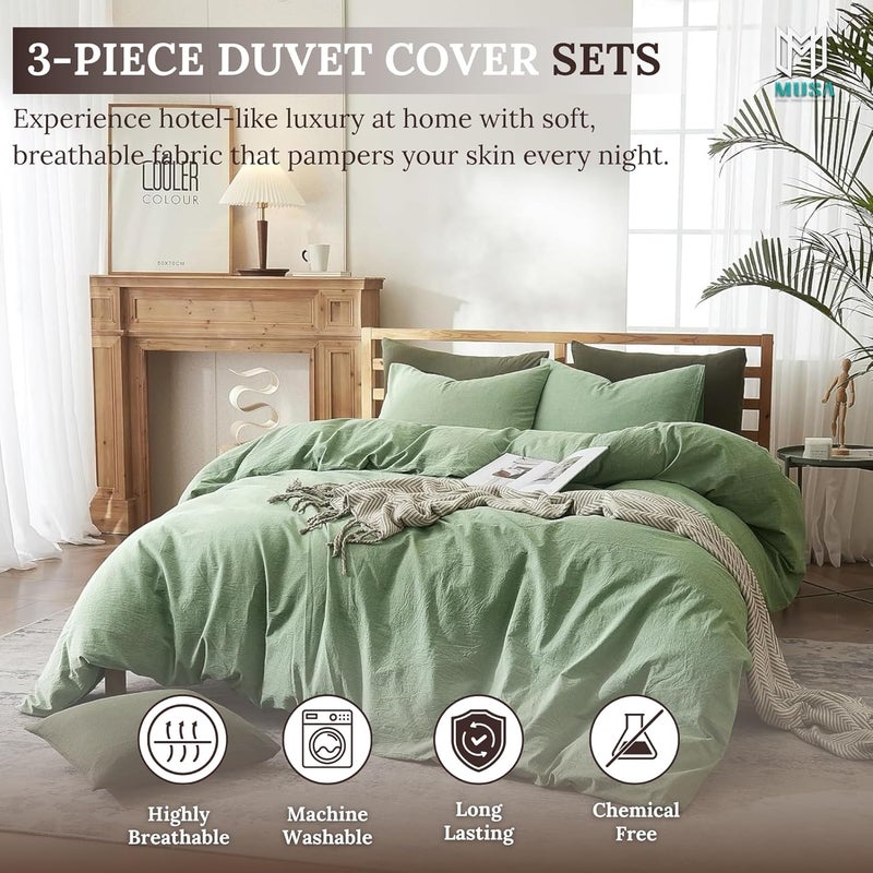 MUSA MUSA® Premium Comforter Set with 100% Cotton, Comfy 1 Comforter Cover & 2 Pillow Shams - Stain Free Duvet Cover for Bedrooms | Washable & Wrinkle Free (Sage Green, Full - 200 x 200cm) - Image 3
