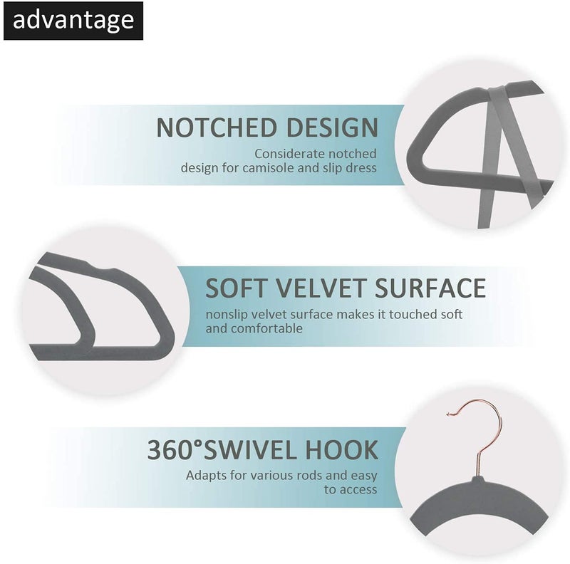 Ash  Roh Ash & Roh Velvet Hanger Swivel Rose Gold Hooks, Stronger Than Standard Velvet Hangers Space Saving Velvet Hanger (Grey, Pack of - 6) - Image 2