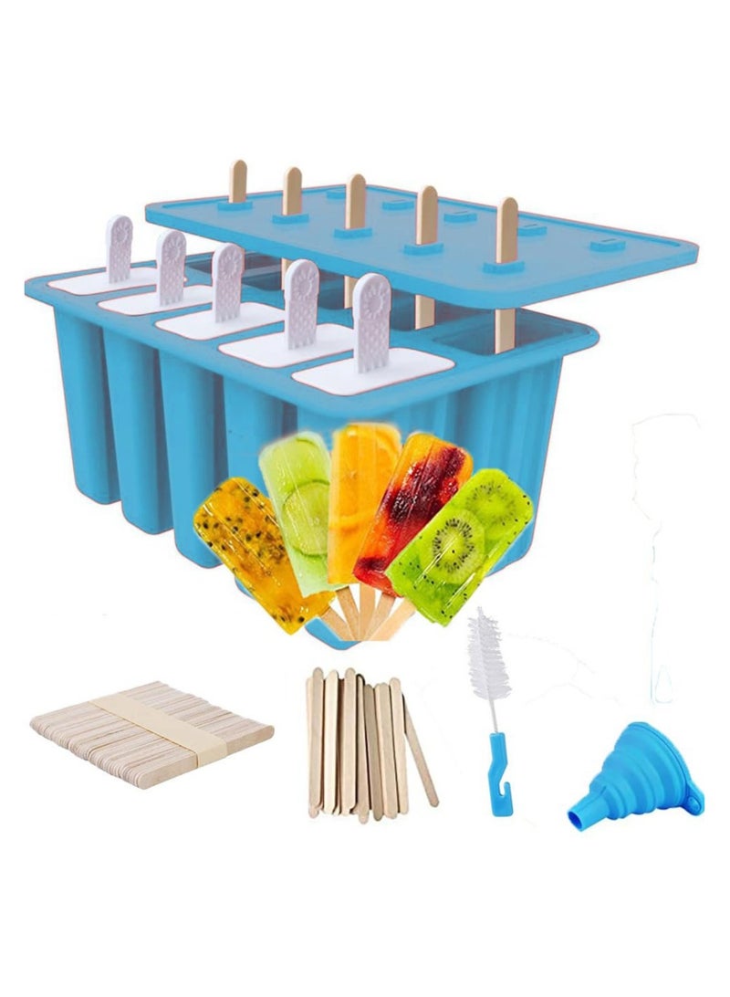10-Cavity Reusable Silicone Popsicle Molds Kit with Sticks - BPA Free Ice Cream Mould for Kids & Adults - Includes Cleaning Brush, Silicone Folding Funnel & 50 wooden handles- DIY Homemade Fruit/Yogurt/Juice Ice Lolly Maker (Blue)  - Image 1