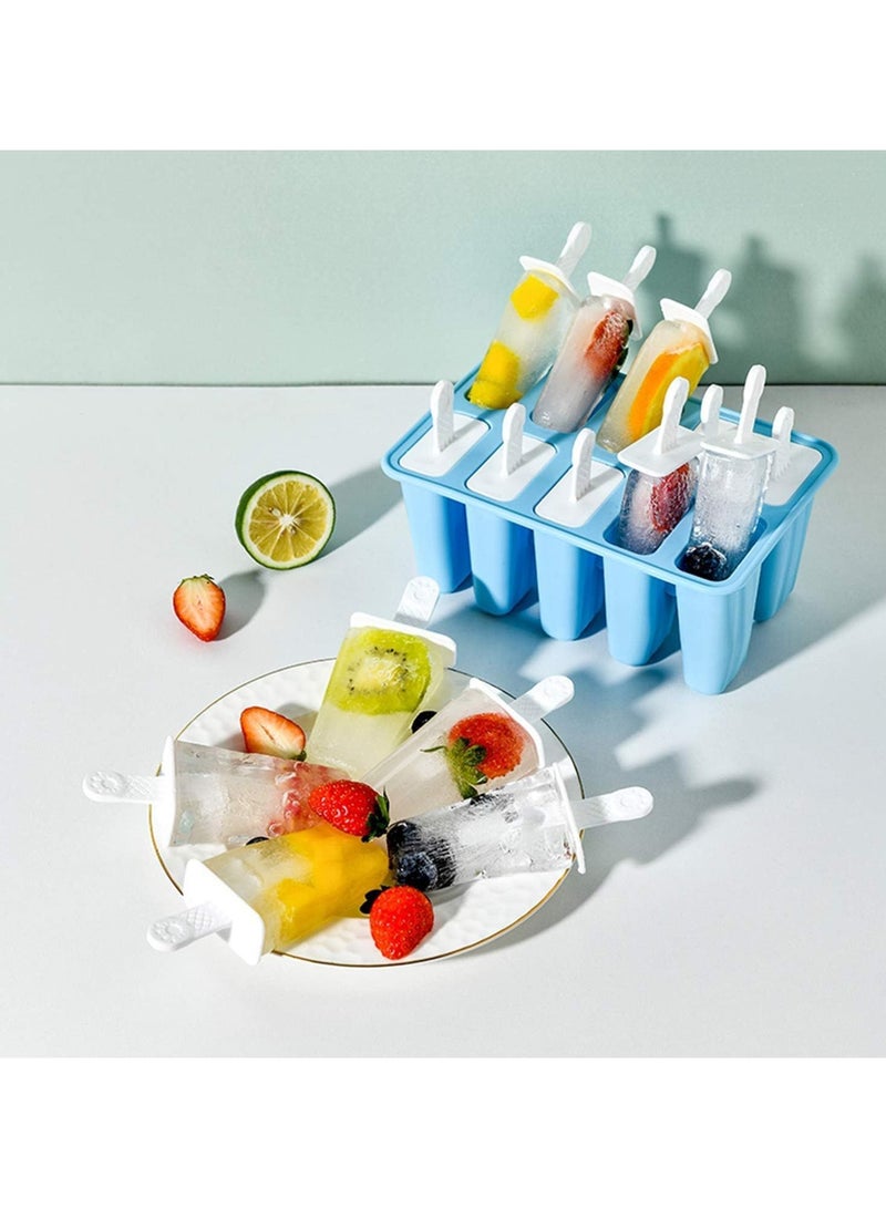 10-Cavity Reusable Silicone Popsicle Molds Kit with Sticks - BPA Free Ice Cream Mould for Kids & Adults - Includes Cleaning Brush, Silicone Folding Funnel & 50 wooden handles- DIY Homemade Fruit/Yogurt/Juice Ice Lolly Maker (Blue)  - Image 3