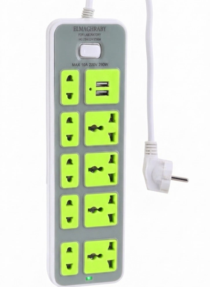 شريط طاقة تسعة منافذ، 2500 واط 10 أمبير 220-250 فولت، منفذي USB مزدوجين، مقبس تمديد للحماية من زيادة التيار