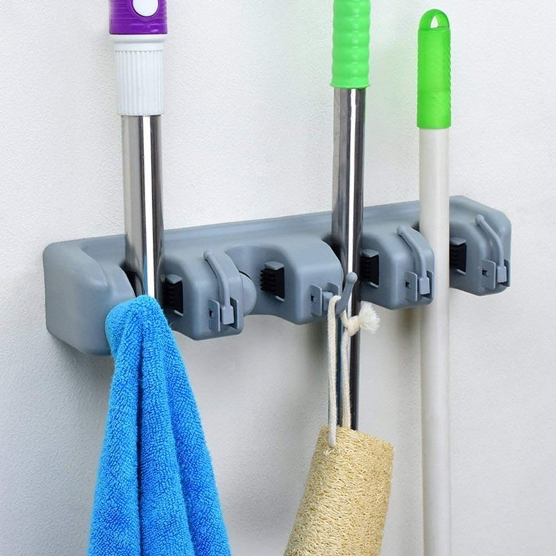 Moxtiza 4 Slot Position Wall Mounted Plastic Mop and Broom Holder with 5 Hooks Standard Size Multicolour
