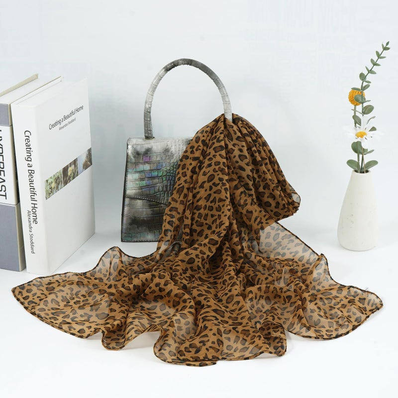 E-Clover Leopard Scarf for Women Lightweight Brown Chiffon Sheer Scarf Fashion Chiffon Shawl Wraps - Image 4