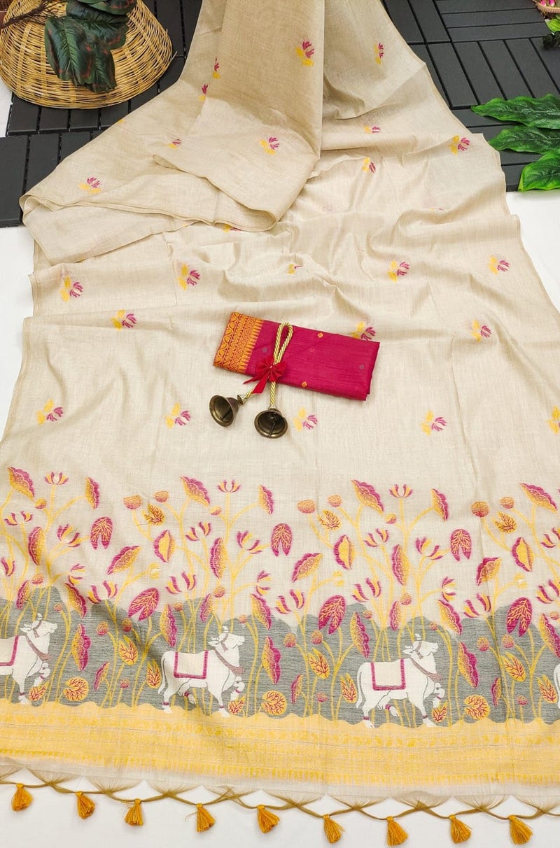 NK Textiles Women's Cow Floral Thread & Zari Woven Off-White Colored Linen Cotton Saree with Fancy Pompoms (9 COLORS & DESIGNS) - Image 3