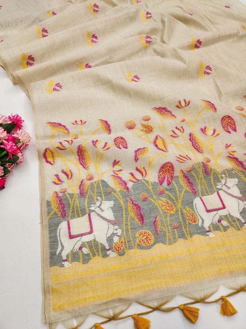NK Textiles Women's Cow Floral Thread & Zari Woven Off-White Colored Linen Cotton Saree with Fancy Pompoms (9 COLORS & DESIGNS) - Image 2