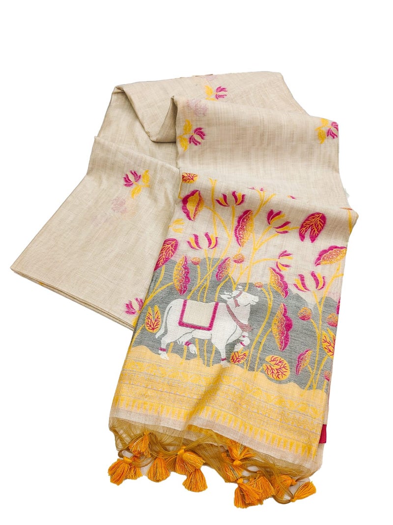 NK Textiles Women's Cow Floral Thread & Zari Woven Off-White Colored Linen Cotton Saree with Fancy Pompoms (9 COLORS & DESIGNS) - Image 5