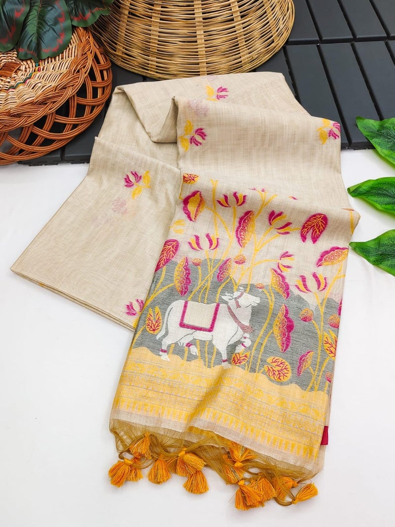 NK Textiles Women's Cow Floral Thread & Zari Woven Off-White Colored Linen Cotton Saree with Fancy Pompoms (9 COLORS & DESIGNS) - Image 4