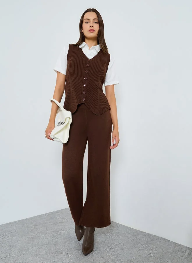 Styli Brown Ribbed Knit Sleeveless Vest