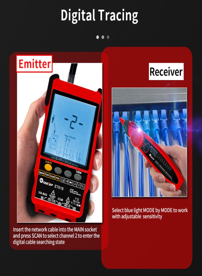TOOLTOP ET618 Handheld Portable Cable Tester with LCD Display Analogs Digital Search POE Test Cable Pairing Sensitivity Adjustable Network Cable Length Short Open Circuit Measure Trackers Multifunctional Cable Tester - Image 2