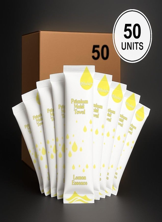 BlueWater (50-Pack) Individually-Wrapped Moist Scented Towels - Single-Use Premium Towelettes (12x12in., White Packaging, Lemon Essence) - Image 2
