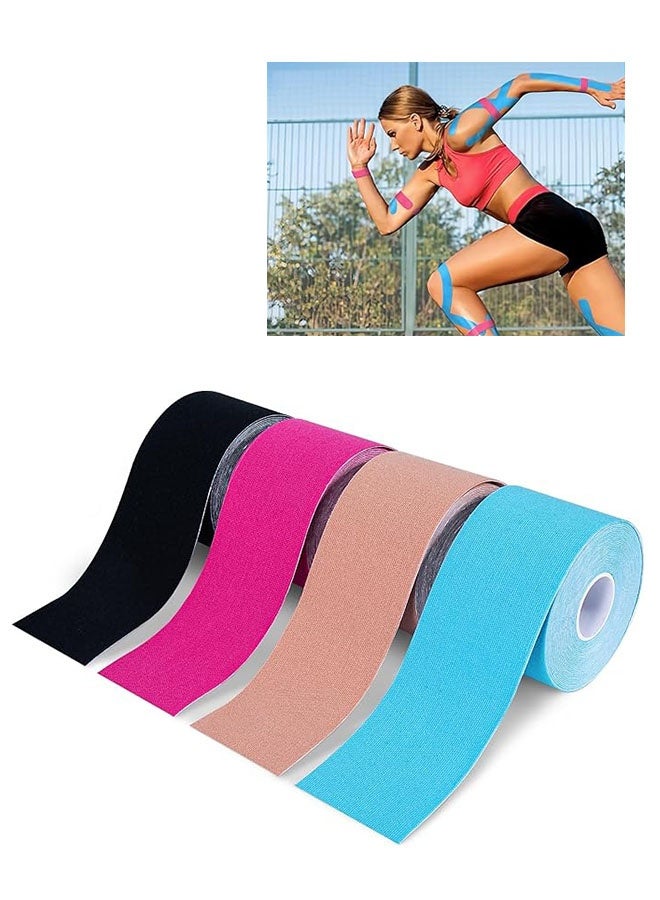 Generic 4 Rolls Waterproof Breathable Kinesiology Tape, Athletic Elastic Kneepad Muscle Pain Relief Knee Taping for Gym Fitness, Running, Tennis, Swimming, Football, Black, Beige, Pink, Blue  - Image 1