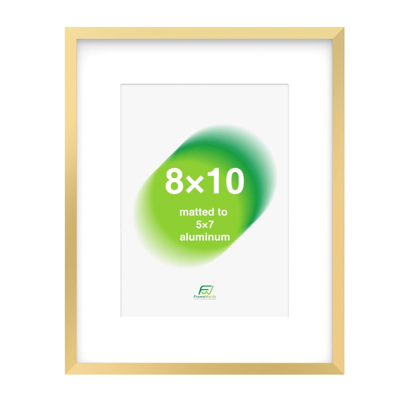 FrameWorks 8x10 Matted to 5x7 Picture Frame  Aluminum Frame wTempered Glass Removable Mat for Photos Posters Art Stylish Wall Frame for Home Decor Gallery Walls Office Living Room  Gold