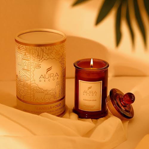 AURA DECOR AuraDecor Scented Tomb Lid Jar Candle Organic Aroma Candles Soy Wax, Aromatic/Aromatherapy Fragrance Votive Candle (Vanilla + Oud) - Image 1