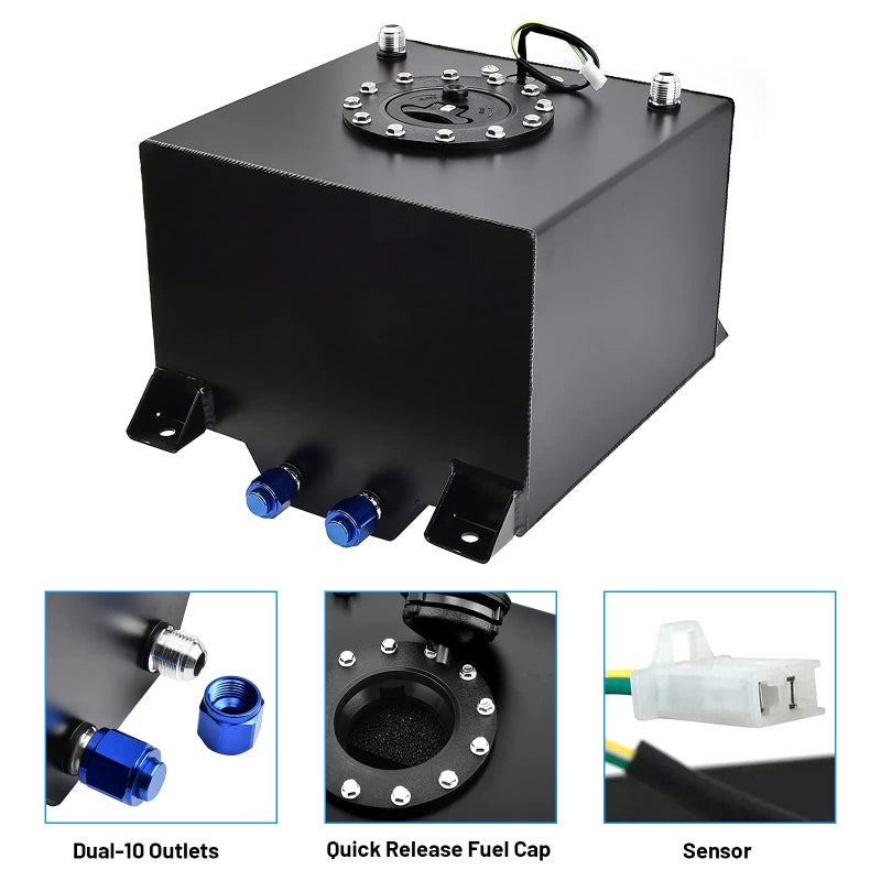 BOMLING 5 Gallon Fuel Cell 20L Universal Gas Tank Aluminum Polished Racing Drift Fuel Tank with Level Sender & 6AN 12FT Fuel Line Kit, Quick Release Fuel Cap, Black - Image 4