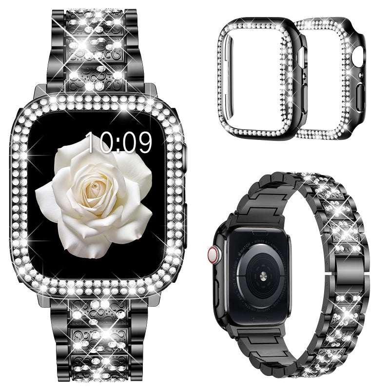 Mosonio Compatible with Apple Watch Band 46mm S11S10 with Case Women Jewelry Replacement Metal Wristband with 2 Pack Bling PC Protective Cover for iWatch Series 111046mmBlack - Image 2