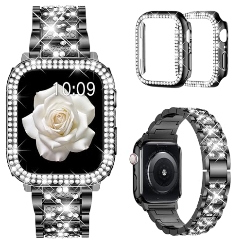 Mosonio Compatible with Apple Watch Band 46mm S11S10 with Case Women Jewelry Replacement Metal Wristband with 2 Pack Bling PC Protective Cover for iWatch Series 111046mmBlack - Image 1