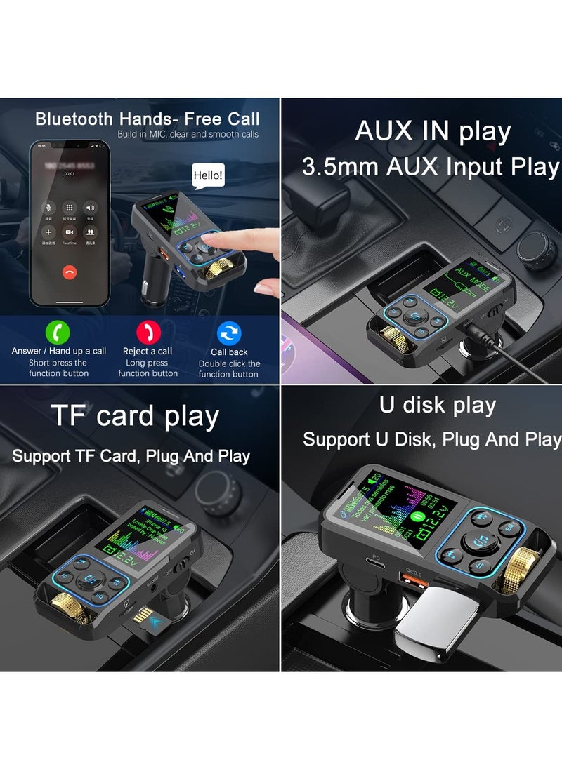 Bluetooth 5.3 FM Transmitter Car Adapter for HD Lossless Sound Quality, EQ Sound, QC3.0 & PD3.0 Fast Charging, with Built-in Microphone for Clear Calls