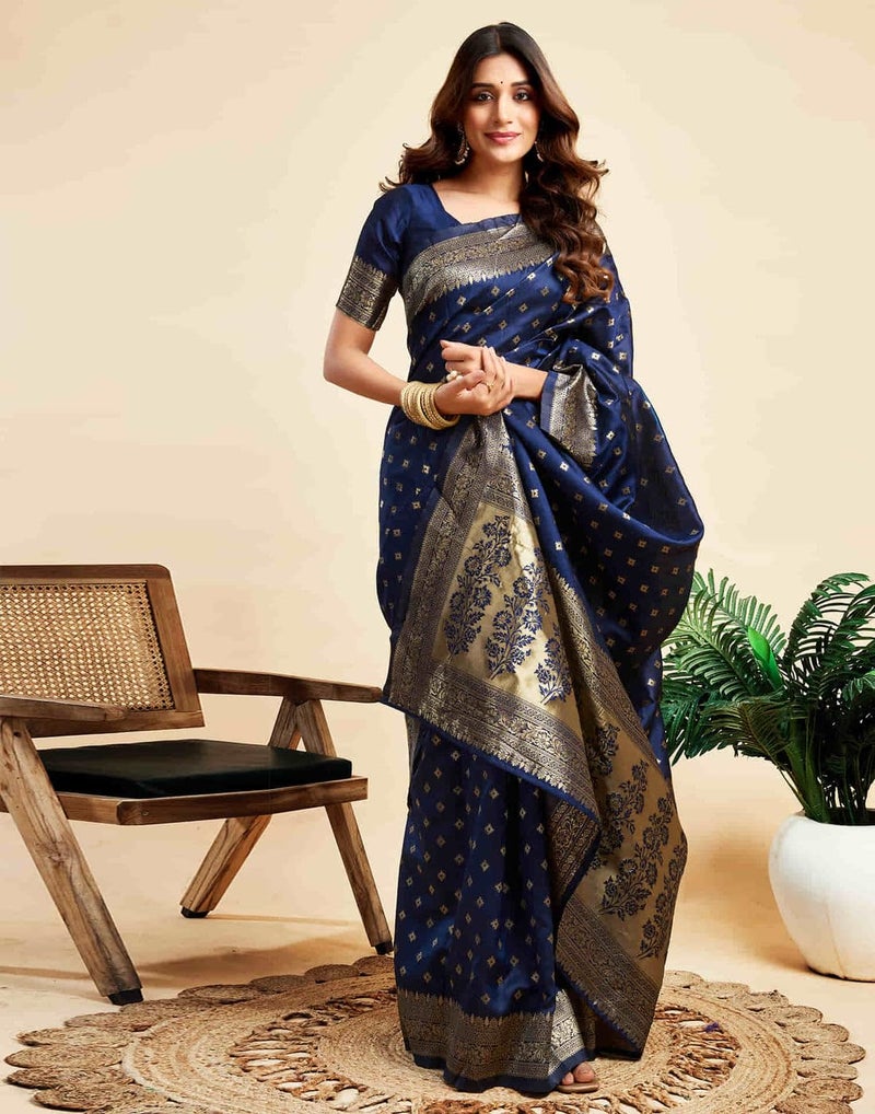 C J Enterprise Women's Banarasi Saree Pure Kanjivaram Silk Saree Soft Design Wear Pattu Sarees Latest Cotton With Blouse Piece Kanchipuram for Wedding sadi new ladies 2025 (Pari-160) (Navy Blue) - Image 4