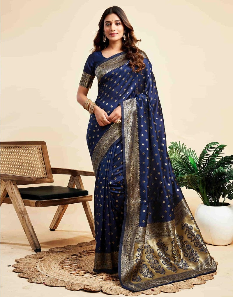 C J Enterprise Women's Banarasi Saree Pure Kanjivaram Silk Saree Soft Design Wear Pattu Sarees Latest Cotton With Blouse Piece Kanchipuram for Wedding sadi new ladies 2025 (Pari-160) (Navy Blue) - Image 3