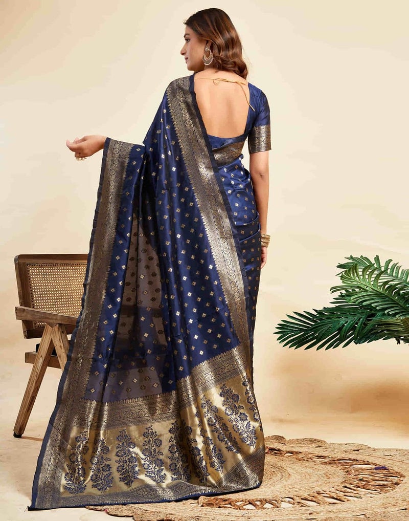 C J Enterprise Women's Banarasi Saree Pure Kanjivaram Silk Saree Soft Design Wear Pattu Sarees Latest Cotton With Blouse Piece Kanchipuram for Wedding sadi new ladies 2025 (Pari-160) (Navy Blue) - Image 2