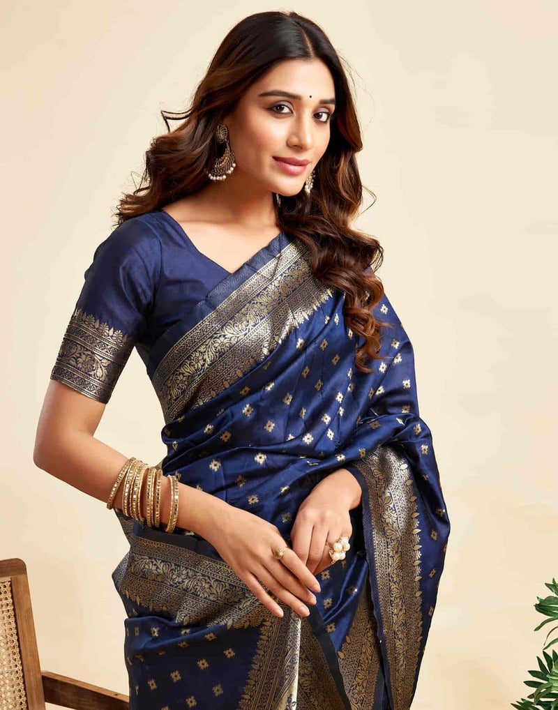 C J Enterprise Women's Banarasi Saree Pure Kanjivaram Silk Saree Soft Design Wear Pattu Sarees Latest Cotton With Blouse Piece Kanchipuram for Wedding sadi new ladies 2025 (Pari-160) (Navy Blue) - Image 5