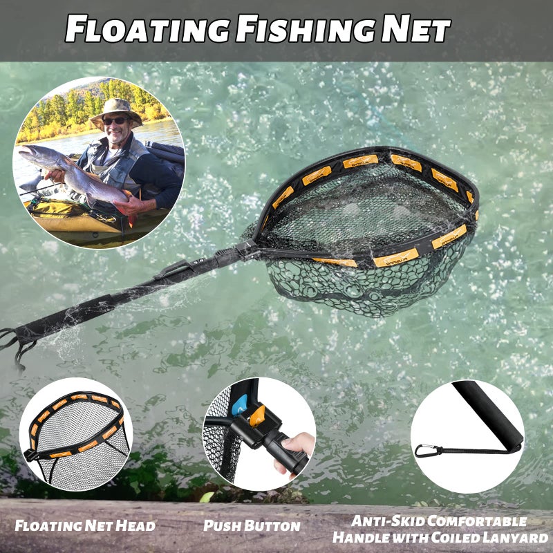 PLUSINNO Floating Fishing Net for Steelhead, Salmon, Fly, Kayak, Bass, Trout Fishing, Catfish, Rubber Coated Landing Net for Easy Catch & Release, Compact & Foldable for Easy Transportation & Storage - Image 2