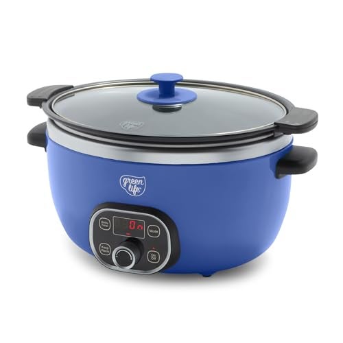 GreenLife 6QT Slow Cooker, Non-Toxic PFAS-Free Ceramic Nonstick Removable Interior Bowl, Programmable, Family Friendly, Keep Warm, Stovetop & Oven Safe, Dishwasher Safe Parts, Timer, Glass Lid, Blue - Image 1